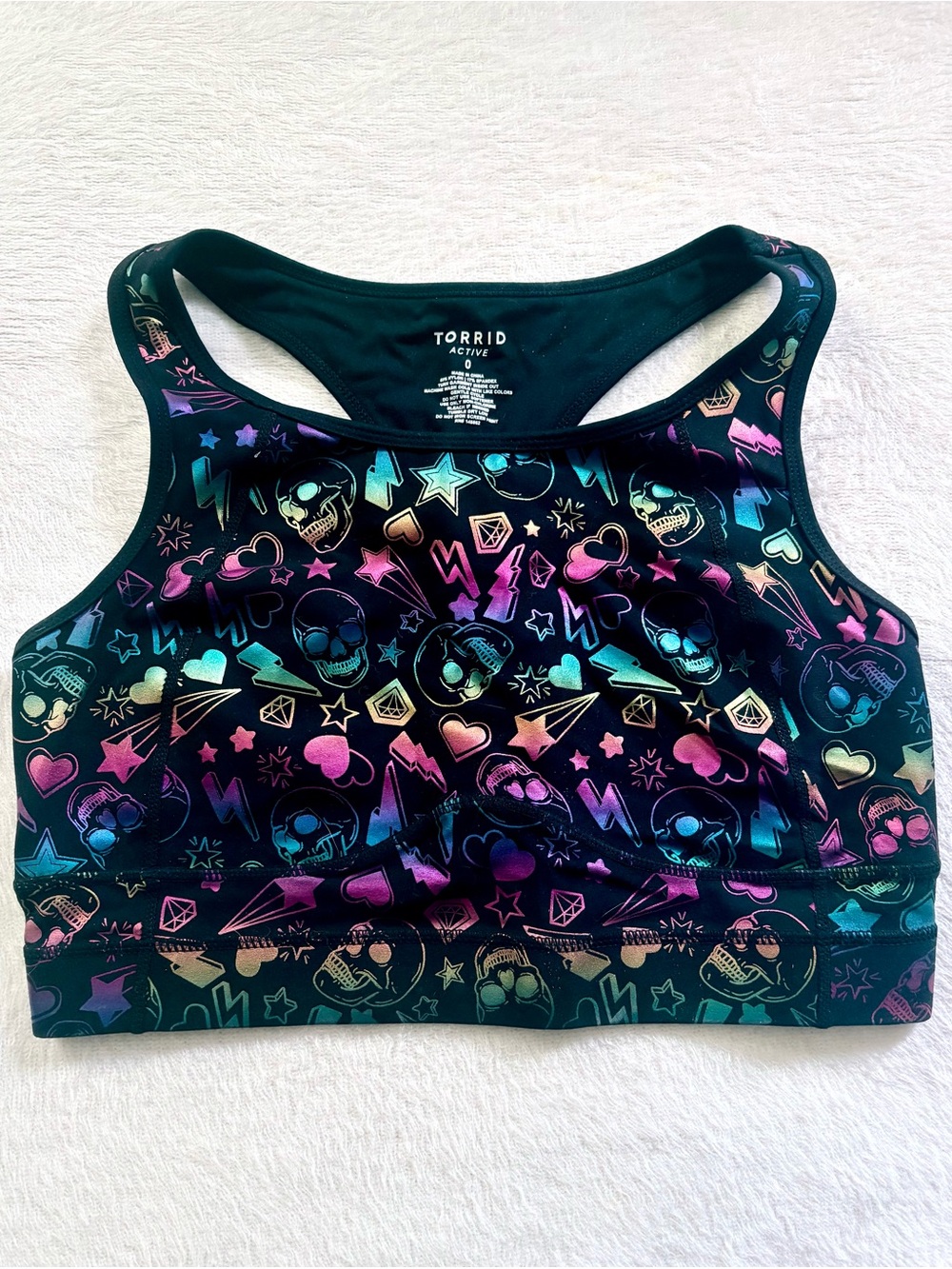 torrid Active Black Sports Bra with Iridescent Rainbow Icons